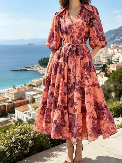 2026 Summer women's new lapel bubble short sleeve printing waist lace-up dress temperament French elegant swing holiday dress.