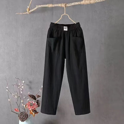 Women's Soft Cotton Linen Pants with Pockets Casual Solid Color Straight 4 Points Pants Fashion Loose Versatile Harem Pants