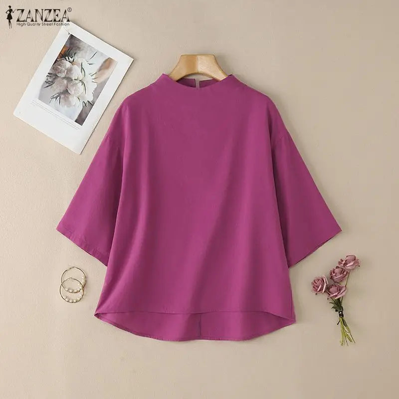 ZANZEA Casual Style High Low Blouses Women 2026 Spring Drop-Shoulder 3/4 Sleeve Stand Collar Solid Tops Fashion Woman Clothes