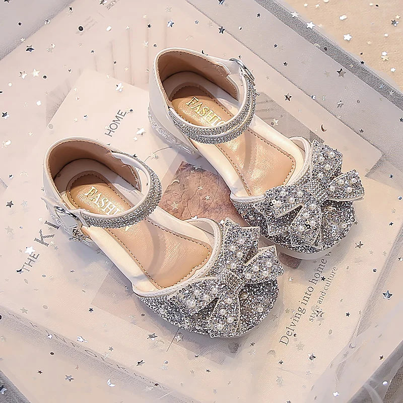 Kid's Sandals high Heels Pumps Rhinestone Bow Silver Party Breathable Shoes For Girl PU Leather Footwear for Kids Size 26-36