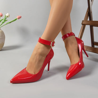 Aphixta Metal Belt Buckle Strap Pimp Red Black 10cm Stiletto Heels Pumps Women Party Shoes Rivets Pointed Toe Size 51 52 53