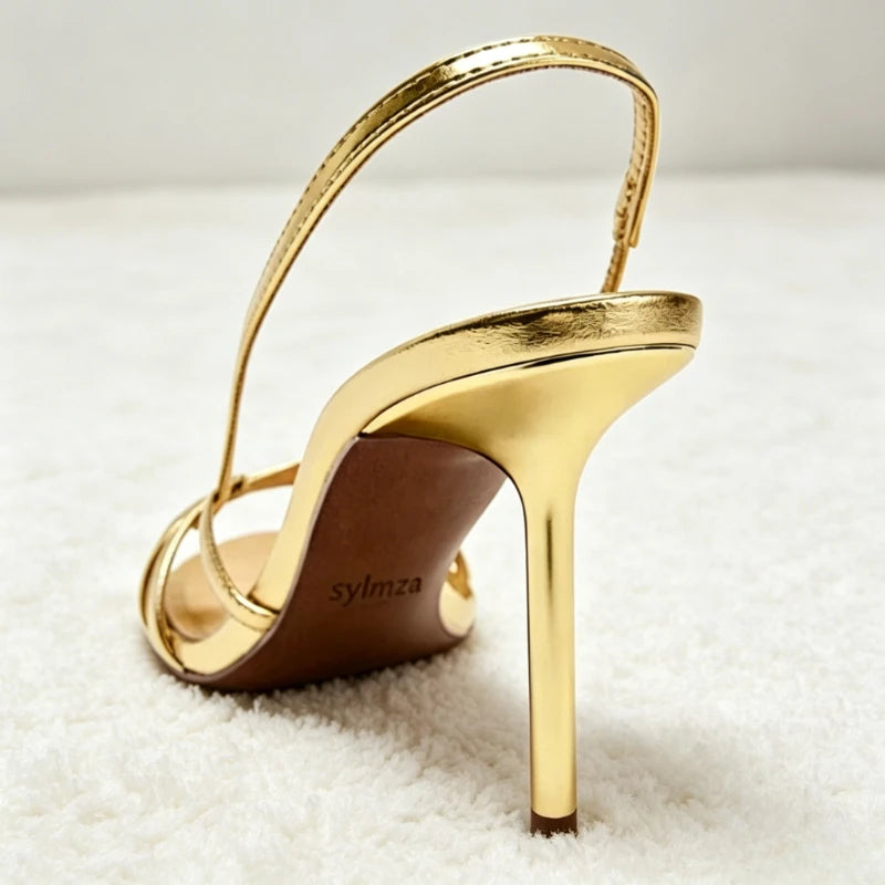 Fashion Gold Metalized Pattern Cross Tied Heeled Sandals Women Sexy Open-toe Slingback Heels Elegant Round-toe Designer Shoes