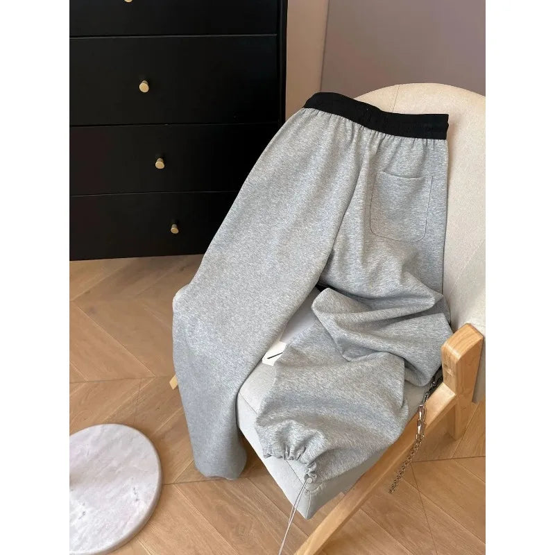 Women's Color Block Waistband Wide Leg Sweatpants Drawstring Casual Straight Leg Trousers