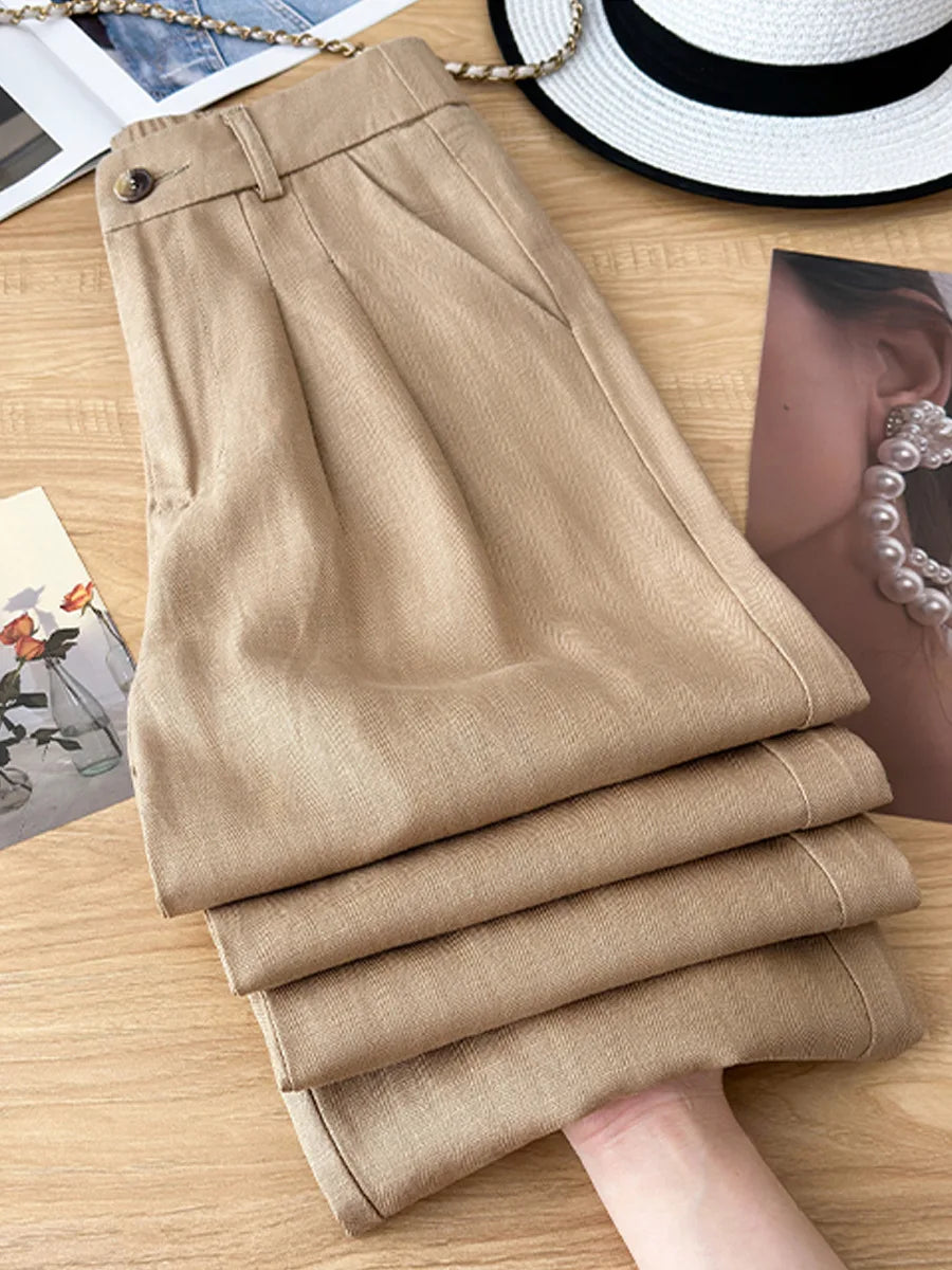Women's High Waist Linen Pants Summer Wide-Leg Drape Trousers Thin Lyocell Ramie Straight Pants Comfortable Fit