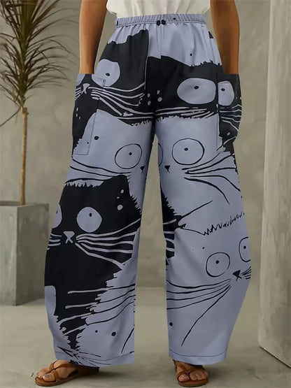 Women's Large Size Cartoon Cat Loose Wide-legged Pants Fall And Winter Casual Elastic Waist Pants Home Large Size Women Clothing