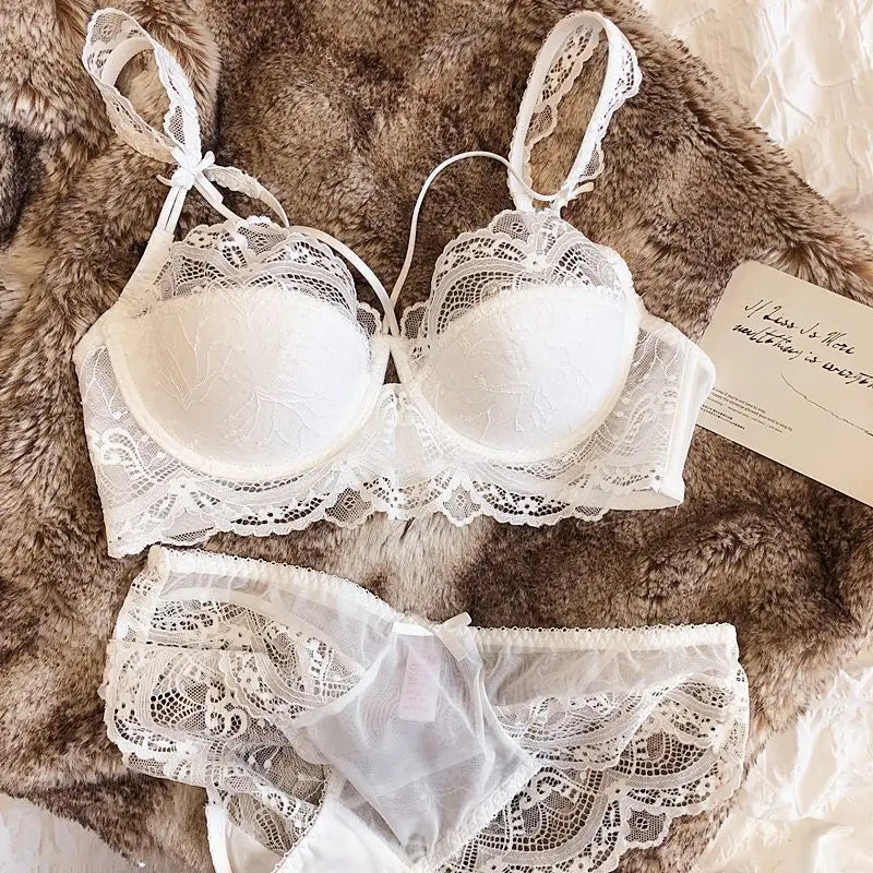 MOYISU Sexy French Lace Bralette Small Bust Cup Bra Set with Removable Straps & Push Up Pads, Soft Underwire Thin Girls Bra Top