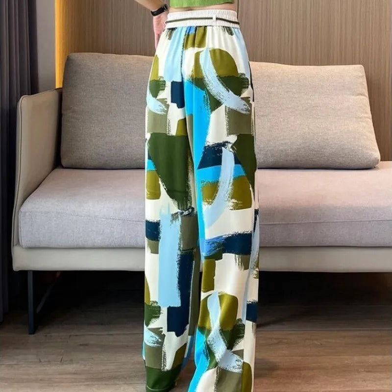 Women Colorful Graffiti Print Wide Leg Pants, Elastic Waist Drawstring Loose Trousers, Summer Casual Streetwear