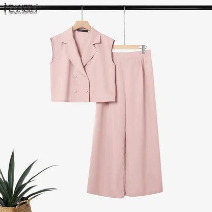 ZANZEA Women's Elegant Pant Sets Lapel Collar Sleeveless Top & Wide Leg Pant 2 Piece Suits Office Lady Commute Work Outfits