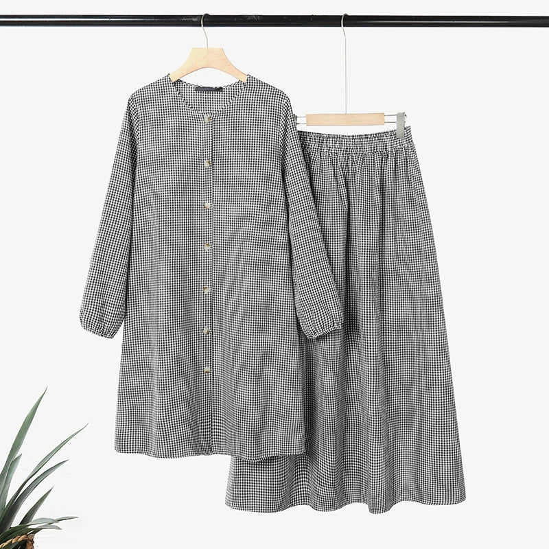 2026 ZANZEA Muslim 2 Pieces Sets Long Shirt Dress Suit Hijab Tracksuit Oversize Plaid Outfit Women Long Sleeve Tops Kaftan Skirt