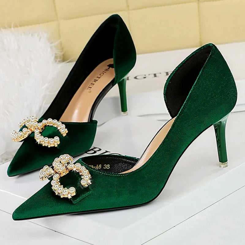 BIGTREE Shoes 7 Cm Kitten High Heels Rhinestone Buckle Pearl Design Women Pumps Suede Ladies Heels Stilettos Luxury Party Shoes