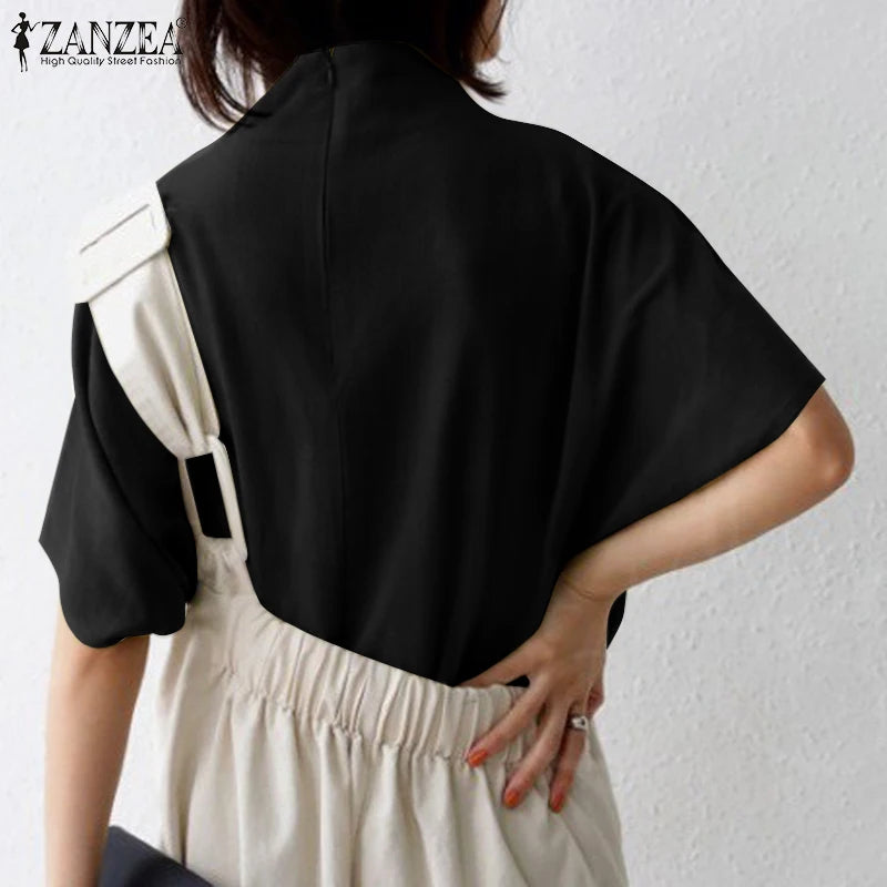 ZANZEA Causal Pure Cotton Blouse Summer Women Solid  Turtleneck Short Sleeve Back Zipper Blusas Elegant Holiday Tops Oversized