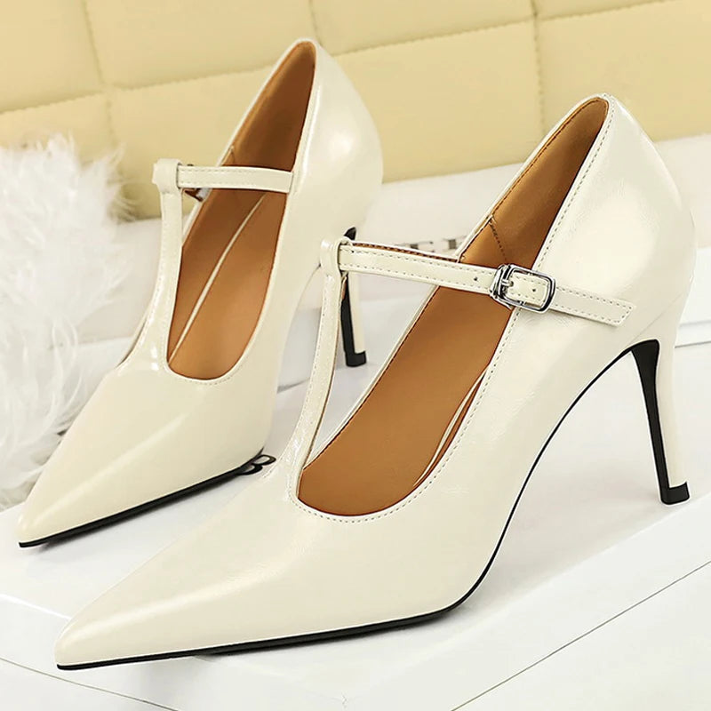 BIGTREE Shoes Women Pumps T-shaped High-Heeled Shoes Stiletto 8 cm Heels Hollow Pointed Tip High Heels Occupation Office Shoes