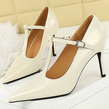 BIGTREE Shoes Women Pumps T-shaped High-Heeled Shoes Stiletto 8 cm Heels Hollow Pointed Tip High Heels Occupation Office Shoes