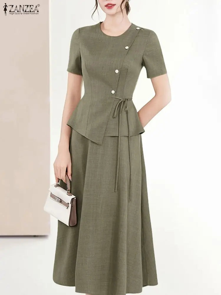 ZANZEA Elegant Chic Women 2 Pieces Skirt Sets Fashion Asymmetrical Hem Blouses and A-Line Midi Skirts 2pcs Suits Commute Outfits