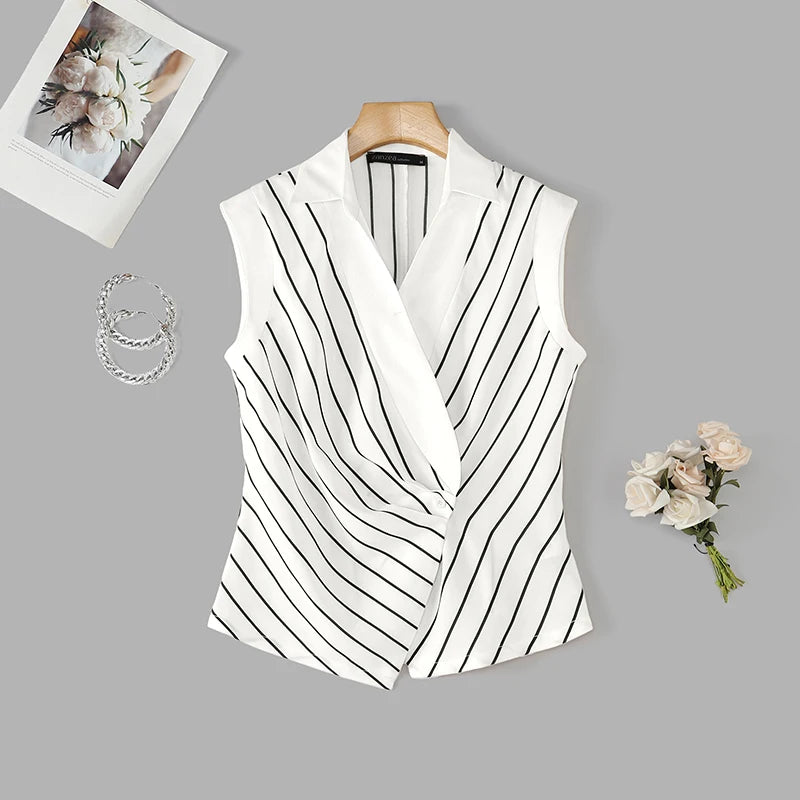ZANZEA Elegant Women Striped Shirts Summer Turn-Down Collar Single Button Cinch Waist Sleeveless Tops Office Lady Vest Tops 3XL
