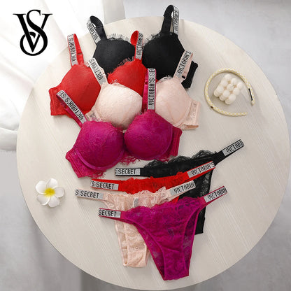 Victoria Secret Sexy Lingerie Set Very Sexy Eyelash Lace Fringe Trim Push Up Bra Shine Script Thong Panty Women
