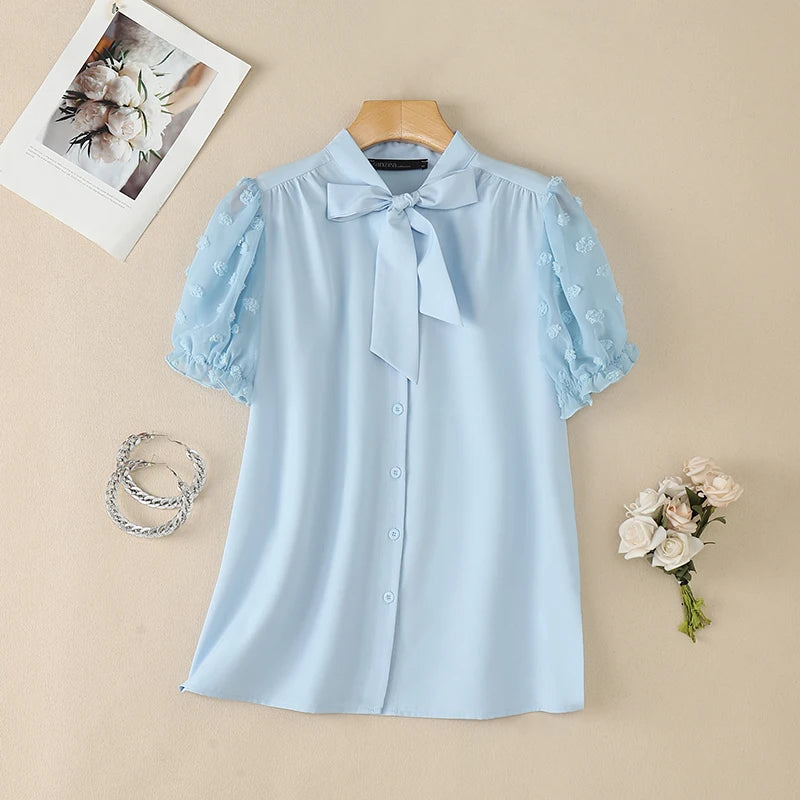 ZANZEA 2026 Summer Fil Coupe Shirts Women Elegant Tie-Neck Short Puff Sleeve Solid Color Button Up Tops Commute Work Camisas