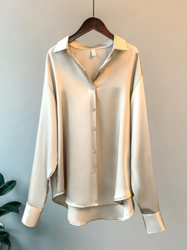Gadinus Women Solid Color Long Sleeve Button Up Shirt Loose Fit Curved Hem Casual Blouse Top