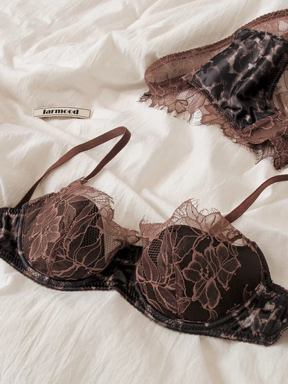 Sexy lace thin bra set female leopard underwear panties eyelash lingerie comfortable steel ring thin bras