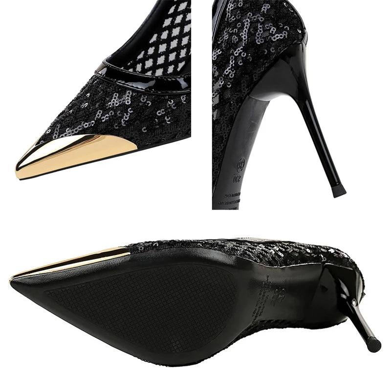 Luxury High Heels Sequin Mesh Women Pumps Metal Pointed Tip Women Heels 9.5 CM Stiletto Fashion Banquet Shoes Sexy Party Shoes