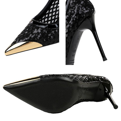 Luxury High Heels Sequin Mesh Women Pumps Metal Pointed Tip Women Heels 9.5 CM Stiletto Fashion Banquet Shoes Sexy Party Shoes