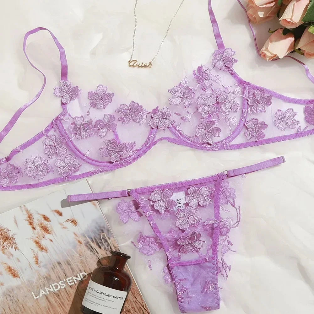 Toucheart Sexy Lingerie Set Transparent Feminine Sweet Mesh Embroidered Lace Bra Flower Applique Transparent Lingerie Women Kit