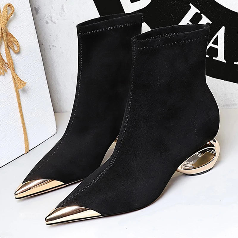 BIGTREE Shoes Metal Pointed Tip Women Boots Hollow Out Heels Women Ankle Boots Female Suede Short Boots Mid Heel Shoes Fashion