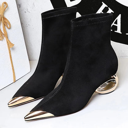 BIGTREE Shoes Metal Pointed Tip Women Boots Hollow Out Heels Women Ankle Boots Female Suede Short Boots Mid Heel Shoes Fashion