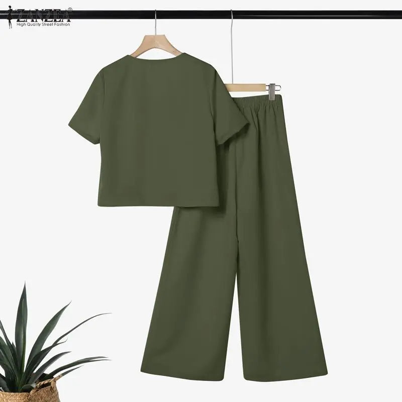ZANZEA Women's Casual Pant Sets Summer Wide Leg Pant & V-Neck Short Sleeve Shirt 2 Pieces Suits Commute Solid Color Outfits