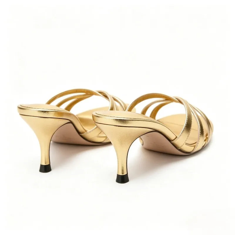 Elegant Kitten Heel Gold Women's Slippers Sexy Open-Toe Slide Sandals for Ladies Street Style Summer Comfortable Beach Sandals