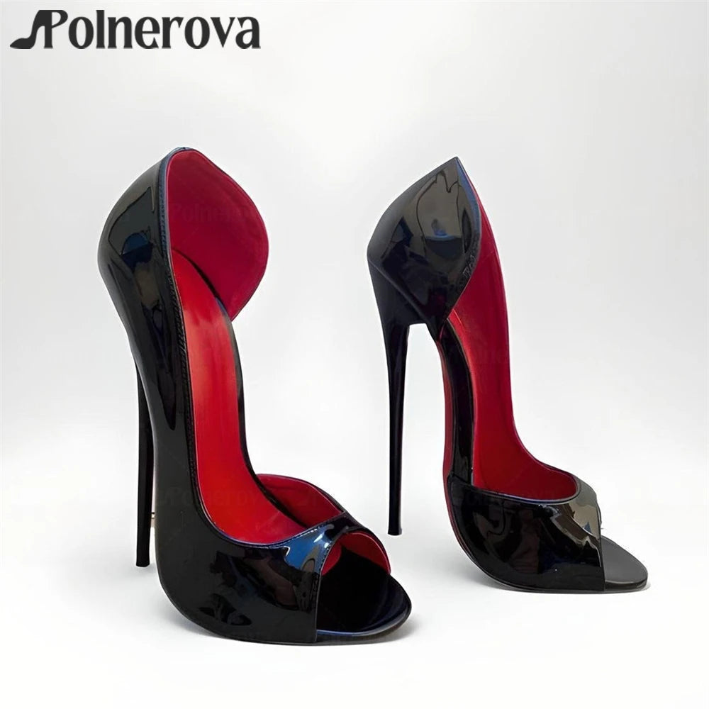 16cm Peep Toe Pumps Sexy Super High Heeled Women Shoes Black Patent Leather Red Lining Fashion Stilettos Handmade Customization