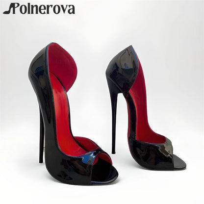 16cm Peep Toe Pumps Sexy Super High Heeled Women Shoes Black Patent Leather Red Lining Fashion Stilettos Handmade Customization