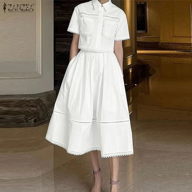 ZANZEA Women's Summer Lace Patchwork 2-Piece Sets Collared Short Sleeve Cropped Blouse & A-Line Midi Skirt Suits Commute Outfit