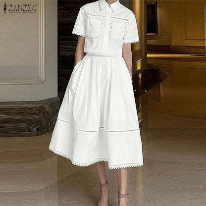 ZANZEA Women's Summer Lace Patchwork 2-Piece Sets Collared Short Sleeve Cropped Blouse & A-Line Midi Skirt Suits Commute Outfit