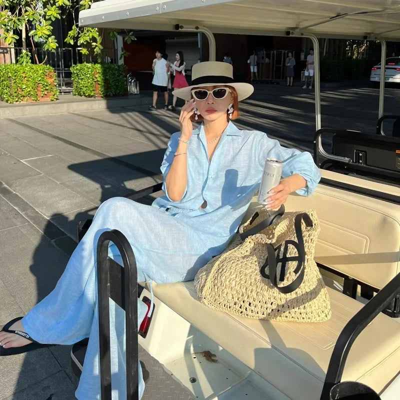 Loose Fit Linen Shirt Set Women Summer Thin Sun Protection Casual Wide Leg Pants Two Piece Suit Comfortable Breathable