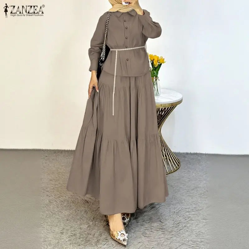 ZANZEA Modest Hijabis Womens Skirt Suits Long Sleeve Shirt & Tiered Long Skirt 2 Pieces Sets Muslim Islamic Daily Casual Outfits