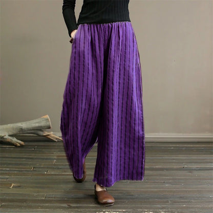 2024 Summer Women Vintage Striped Cotton Linen Beach Wide Leg Pants Female Casual High Waist Loose Straight Trousers Pantalones