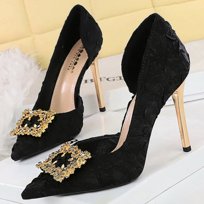 BIGTREE Shoes Rhinestone Women Pumps Silks Satins High Heels Stiletto 11 CM Metal Square Buckle Luxury Banquet Shoes Lady Shoes