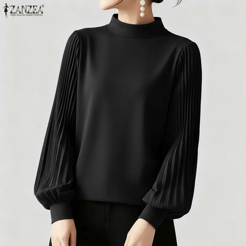 ZANZEA Women's Elegant Chic Blouses Mock Neck Pleated Long Puff Sleeves Solid Color Tops 2026 Minimalist Casual Woman Clothes