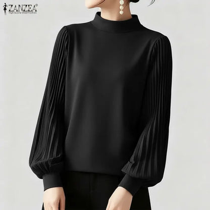 ZANZEA Women's Elegant Chic Blouses Mock Neck Pleated Long Puff Sleeves Solid Color Tops 2026 Minimalist Casual Woman Clothes