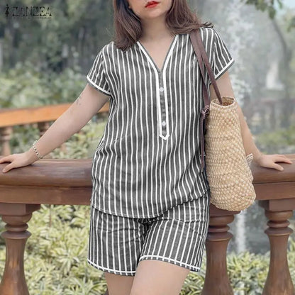 ZANZEA Women Casual Striped Short Suits Short Sleeve V-Neck Blouse & Elastic Waist Shorts 2 Pieces Sets Summer Loose Outfits