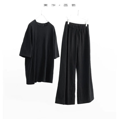 100% Slub Cotton~Women's Matching Sets Short-Sleeved T-Shirt and Flared Pants Two-Piece Loungewear Set 2026 Summer