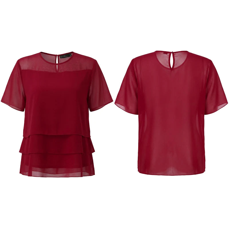 ZANZEA Women's Chiffon Sheer Blouses Elegant O-Neck Short Sleeve Layered Design Pullover Tops Classy Solid Color Blusas de Mujer
