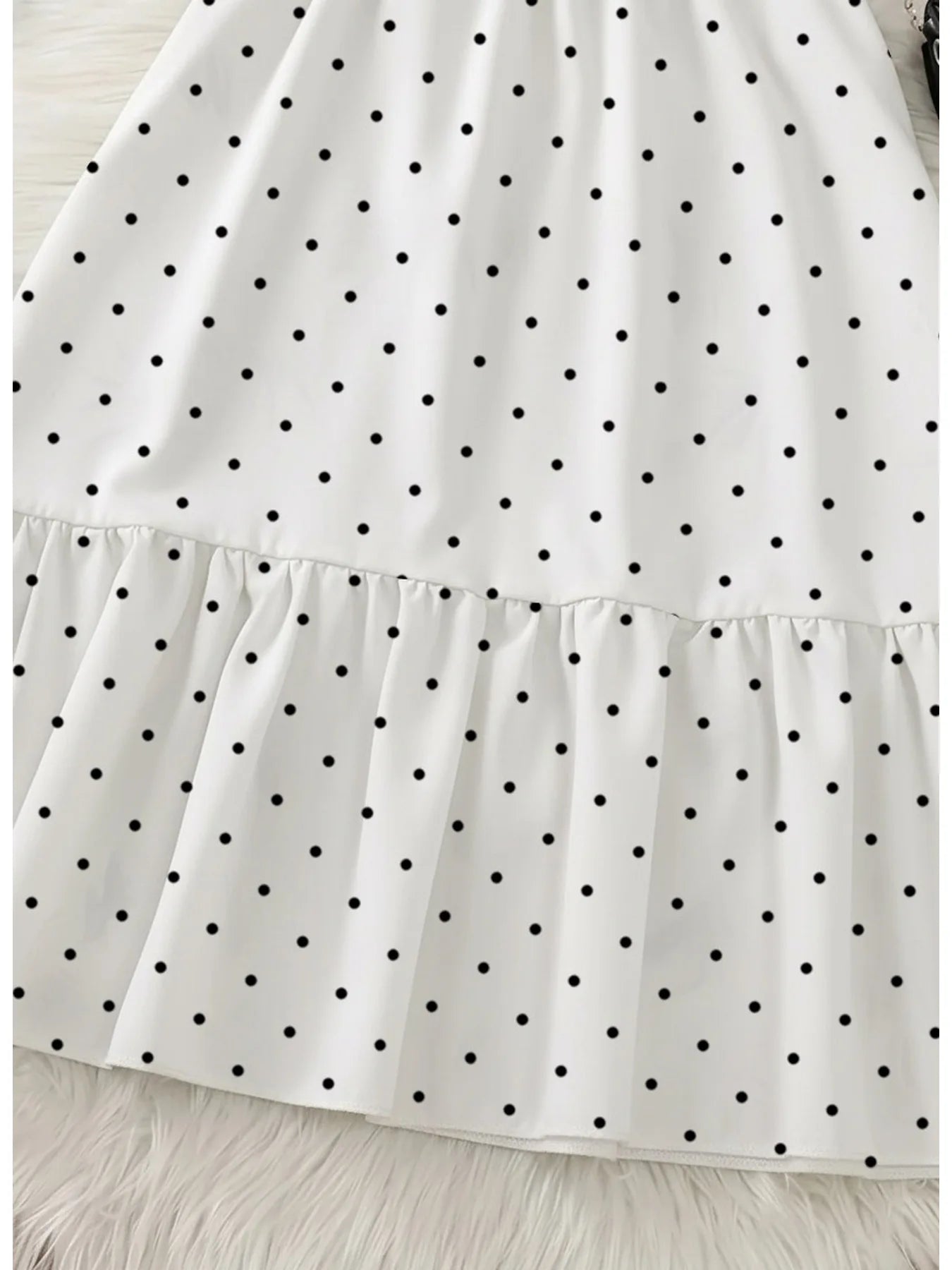 Casual and elegant summer girls' comfortable polka dot round neck ruffle sleeves cinched waist lace up dress long skirt