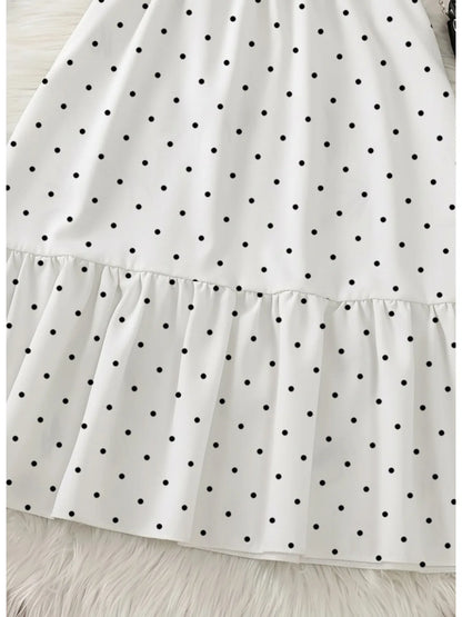 Casual and elegant summer girls' comfortable polka dot round neck ruffle sleeves cinched waist lace up dress long skirt