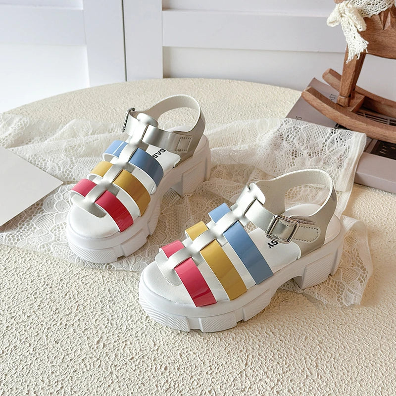 Girls Colorful Woven Platform Sandals Kids Chunky Heel Roman Open Toe Casual Shoes for Toddler Little Kid Fashion Beach Sandals