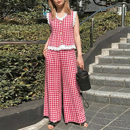 ZANZEA Women's Vintage Casual Pant Sets Wide-Leg Pant & Lace Trim Vests Tops Gingham 2 Pieces Sets Summer Pant Suits Outfits