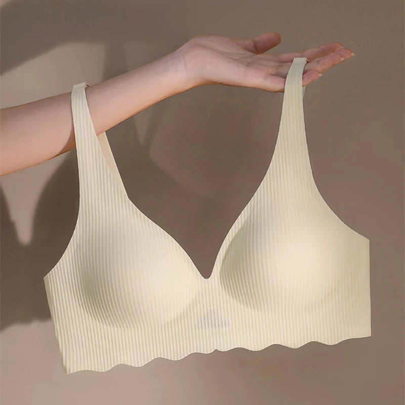 Seamless Women's Bra Small Chest Big Hollow Design Underwear Support Non-removable Semi-fixed Cup One Piece Striped Thin Bra