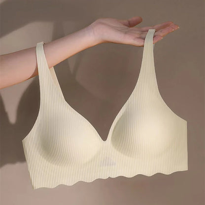 Seamless Women's Bra Small Chest Big Hollow Design Underwear Support Non-removable Semi-fixed Cup One Piece Striped Thin Bra