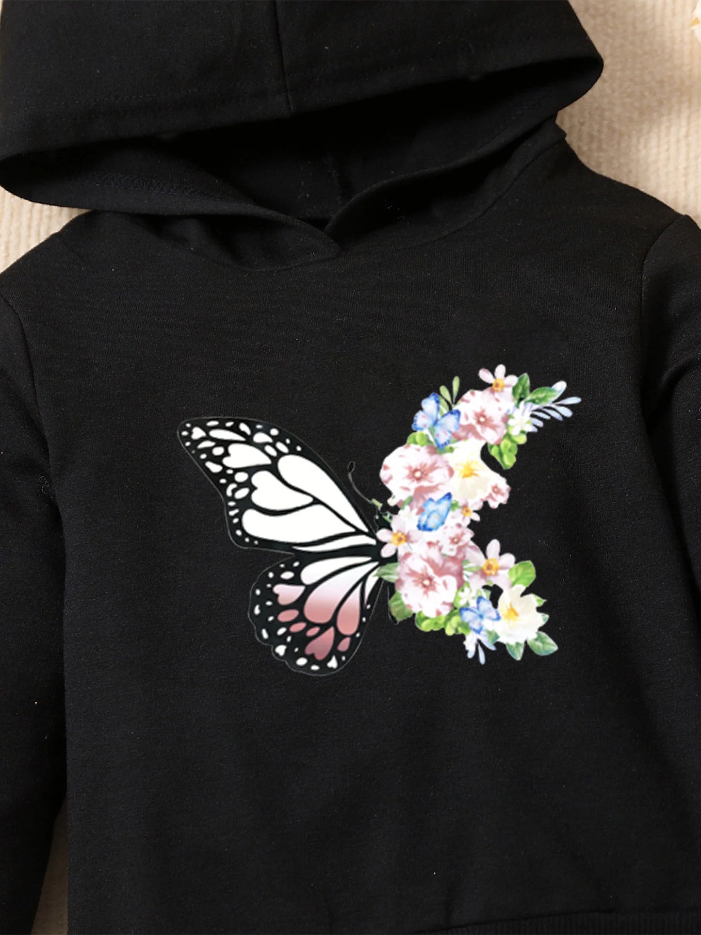 Kids Soft Casual Workout Outfit Girls Cute Butterfly Print Outfit Tracksuit Long Sleeves Hoodie with Pants Outdoor Sports Wear
